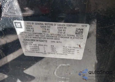 2017 Chevrolet Equinox Premier z USA, uszkodzony, nr VIN 2GNALDEK1H1534712